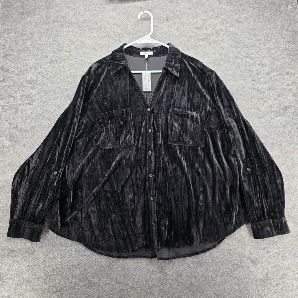 Maurices Button-Up Womens 2X Black Tunic Long Sleeve Collared Velvet Pockets
